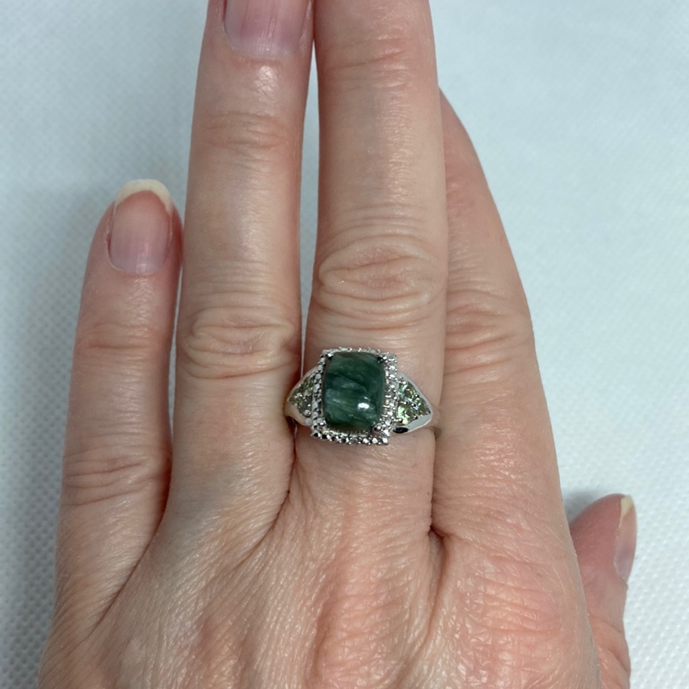 Siberian Seraphinite Green Sapphire and Diamond Sterling Silver Ring (NWT)J79